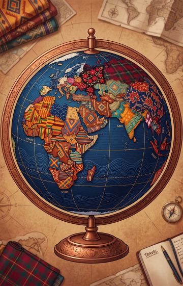 A stylized globe intertwined with rich, diverse cultural textile patterns in warm earth tones.