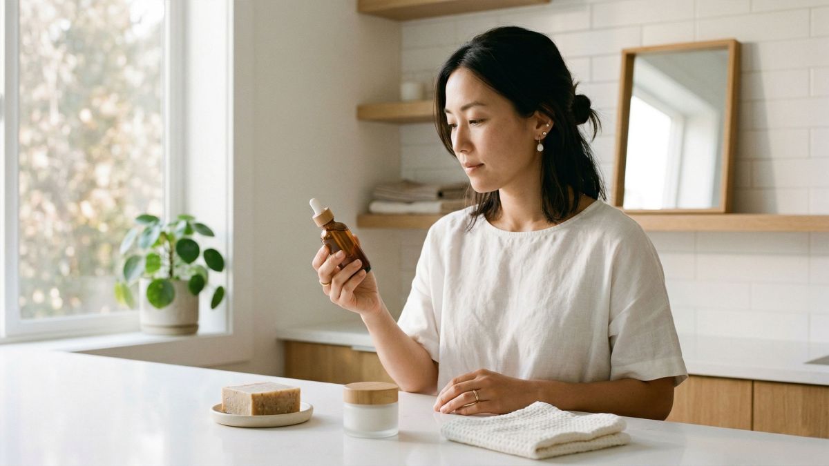 清潔なバスルームで衛生用品を確認する女性、マイクロバイオームを意識したセルフケアを表現