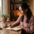 Mujer sentada en una mesa tranquila escribiendo en un diario a la luz de las velas, reflexionando sobre cómo reconstruir la confianza en su relación