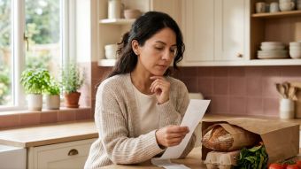 Mujer leyendo un largo recibo de supermercado en la encimera de su cocina, reflexionando sobre por qué las personas votan contra sus propios intereses