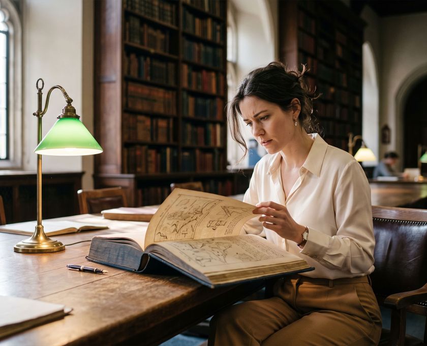 Woman researching the history of female anatomy in old medical textbooks at a sunlit archive library table