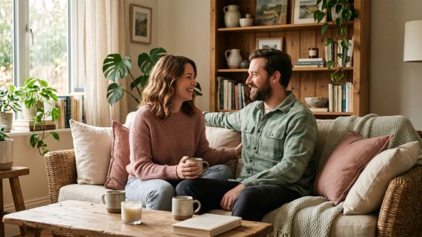 Woman and her partner sitting closely together, sharing a quiet, tender moment of emotional connection at home