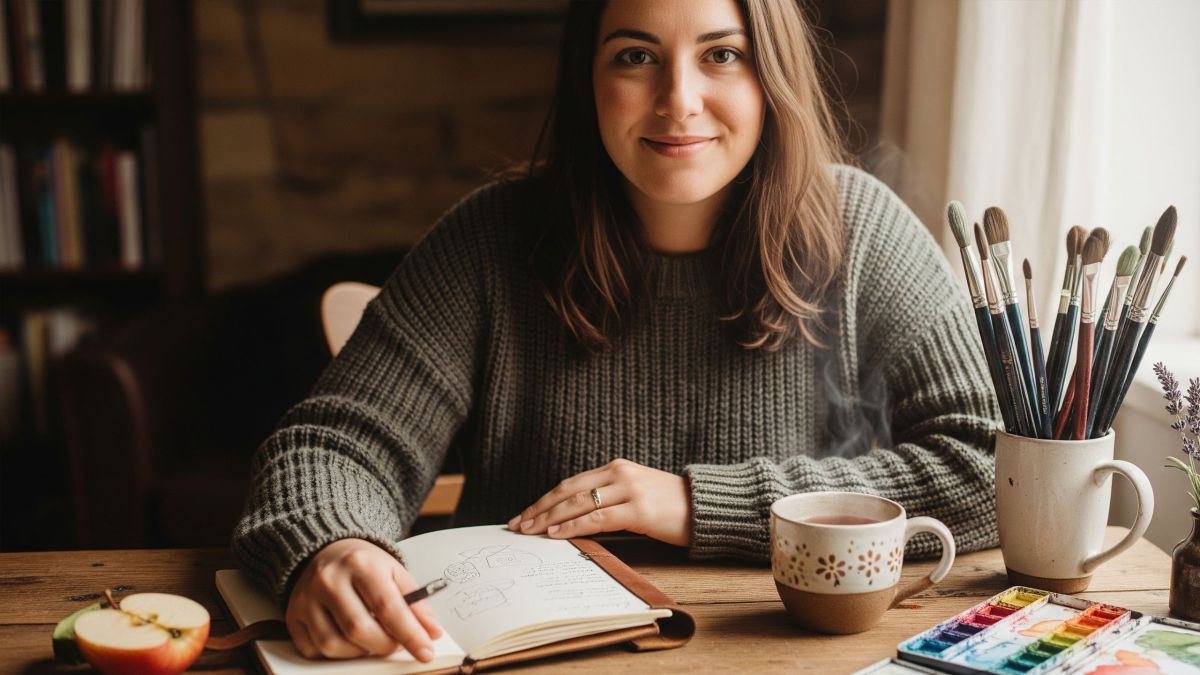 Mujer iniciando práctica creativa con cuaderno y pinceles en un escritorio