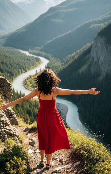 A woman standing on a cliffside trail overlooking a breathtaking view, arms open to the wind.