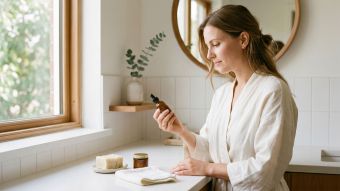Frau prüft Hygieneprodukte auf einem sauberen Badezimmertisch, als Symbol für mikrobiombewusste Pflege