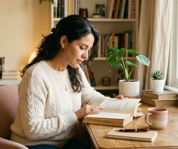 Una mujer sentada en un escritorio iluminado leyendo y reflexionando con luz cálida y suave