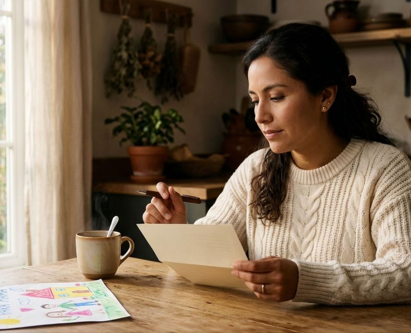 Mujer sentada en una mesa de cocina iluminada por el sol, sosteniendo un bolígrafo sobre una papeleta y reflexionando sobre cómo las mujeres forman sus opiniones políticas