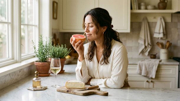 Mujer que inhala el aroma de un pomelo junto a una encimera de cocina iluminada por el sol, con vino y queso al lado, en una escena que ilustra la química del olor humano.
