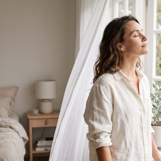 Woman in ivory linen at an open window in soft morning light, illustrating the natural science of female body scent