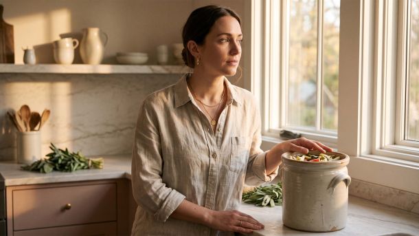 Woman in linen at a sunlit kitchen counter with a fermentation crock, illustrating the lactic acid bacteria behind the vaginal microbiome