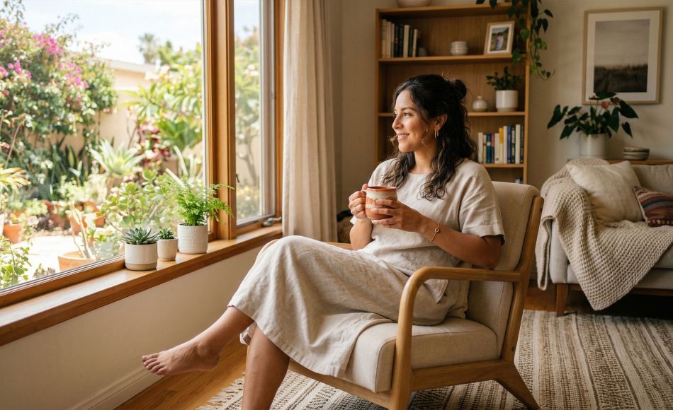 Una mujer tranquila disfrutando de un momento de calma en un hogar limpio y luminoso.