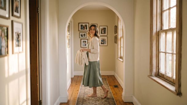 Woman pausing mid-step in a sunlit hallway archway, holding a child's sweater and glancing back, illustrating why we forget what we came for