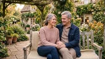 Mature couple sitting closely together outdoors, hands clasped