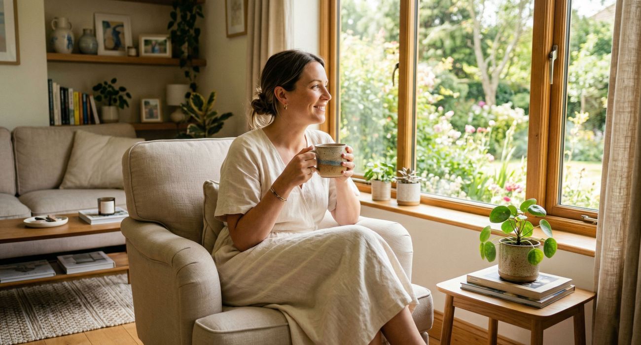 A peaceful woman enjoying a quiet moment in a bright, clean home.