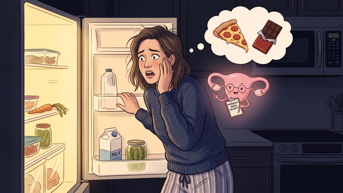 Woman in a cream knit sweater at an open refrigerator late at night, illustrating why appetite rises in the week before a period