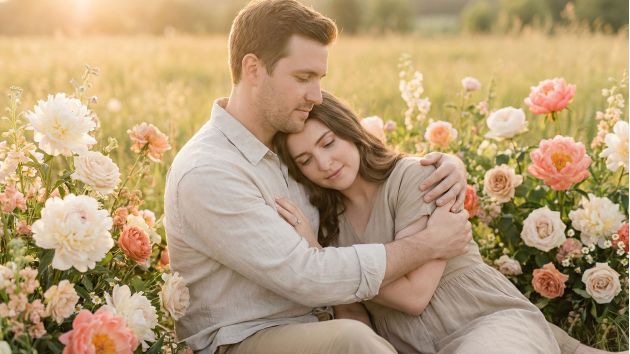 A woman feeling secure and cherished in a traditional relationship setting.