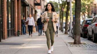 A stylish woman walking down a city sidewalk wearing olive green activewear and a beige jacket.