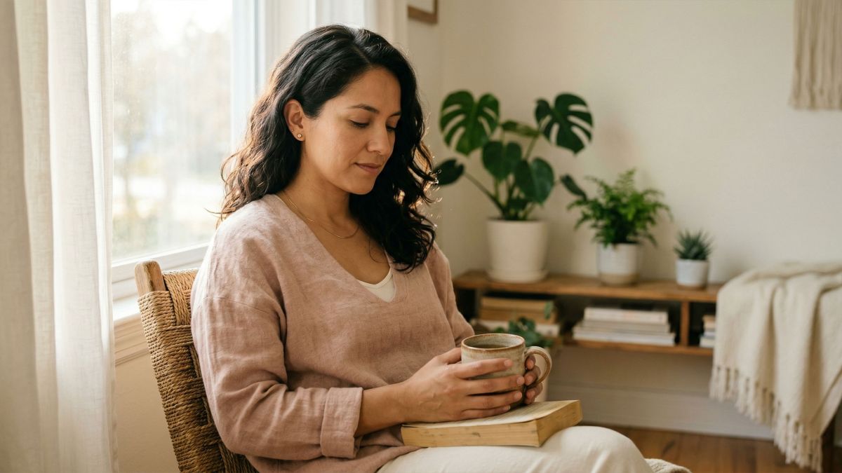 Una mujer tranquila y segura bajo una luz natural suave, representando la conciencia corporal y el autoconocimiento