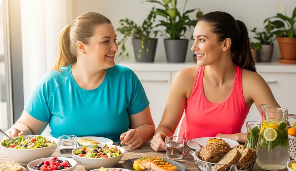 Un collage que muestra a mujeres diversas de diferentes tamaños y orígenes disfrutando de actividades y comida saludables.
