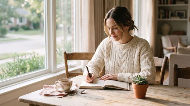 Woman journaling her menstrual cycle by a sunlit window for natural body literacy