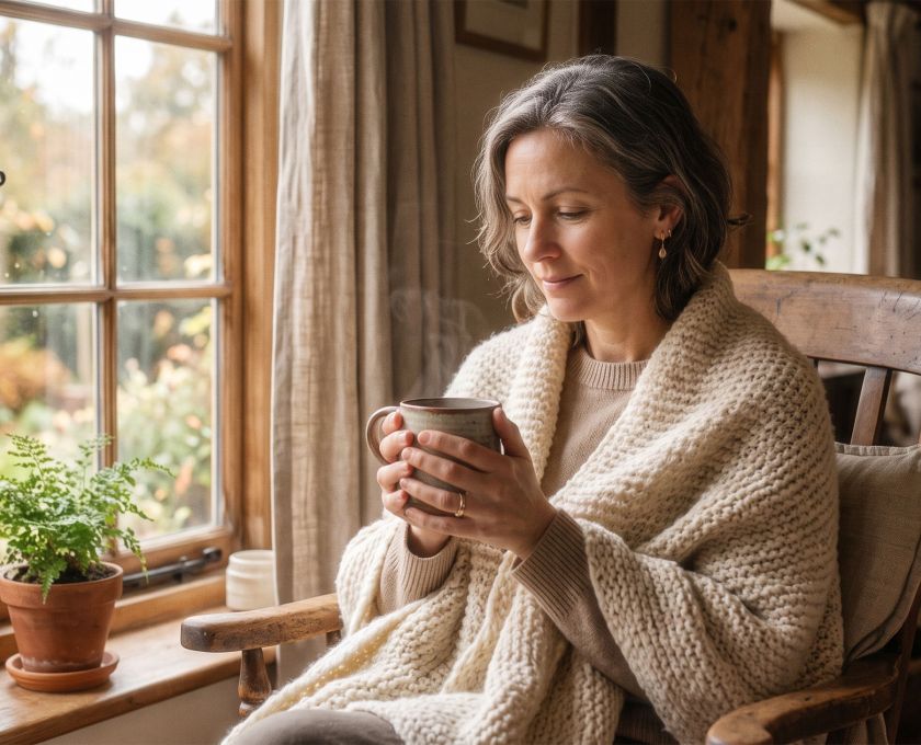 Woman sitting quietly by a sunlit window, symbolizing reflection and healing after loss"