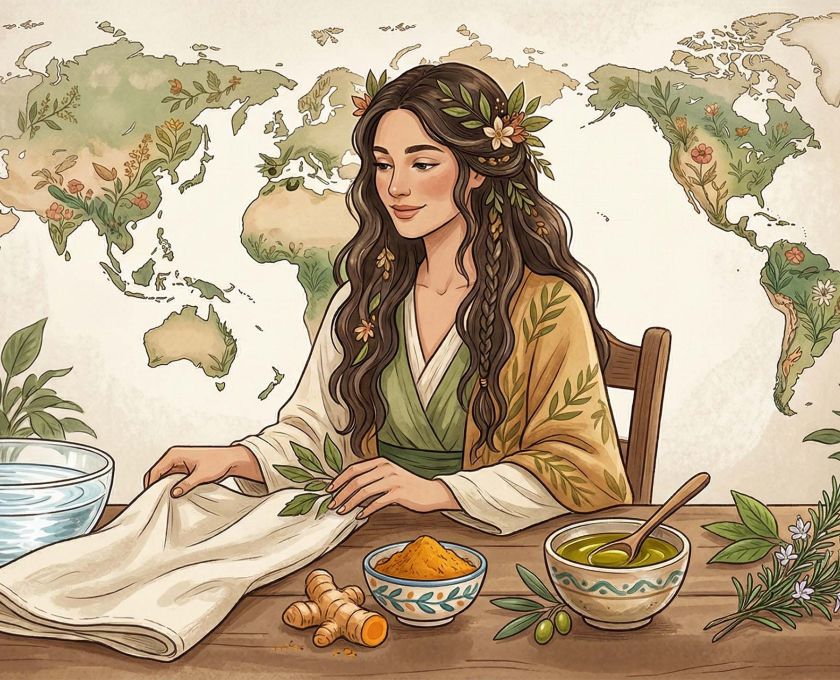 Minimalistische Flatlay-Komposition globaler Wellness-Elemente: Kurkuma, Olivenöl, Kräuter und klares Wasser, die intime Hygiene-Traditionen repräsentieren.