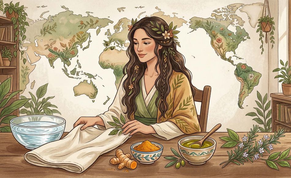 Flat lay minimalista con elementos de bienestar global: cúrcuma, aceite de oliva, hierbas y agua clara que representan tradiciones de higiene íntima.