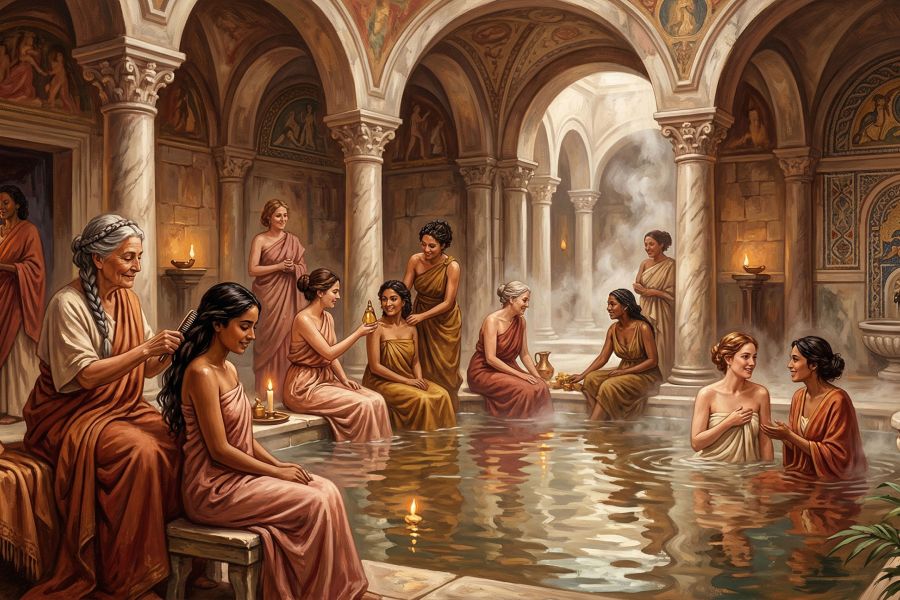Mulheres reunidas em um antigo banho de pedra durante um ritual, ilustrado com iluminação quente de velas