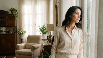 Una mujer reflexionando en una habitación serena y bañada por la luz del sol, que representa paz emocional y gracia femenina.