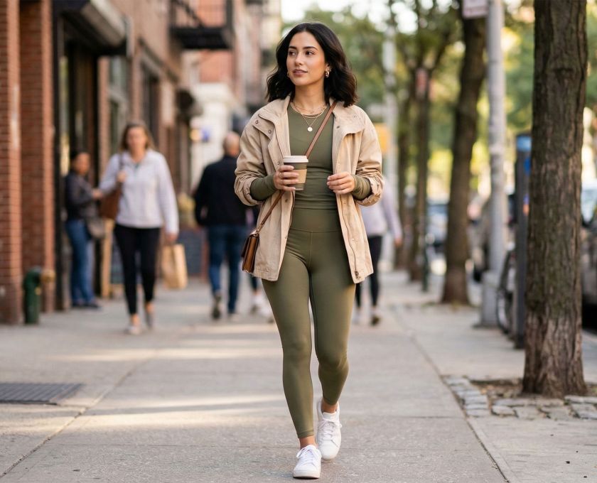 A stylish woman walking down a city sidewalk wearing olive green activewear and a beige jacket.