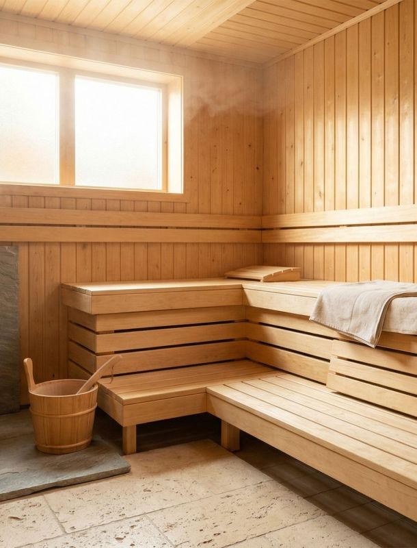 A warm wooden sauna interior with natural light — representing body comfort traditions across world cultures