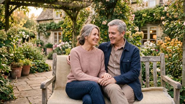 Mature couple sitting closely together outdoors, hands clasped
