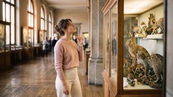 Woman in a natural history museum studying mammal specimens, illustrating how evolution shaped female anatomy across species