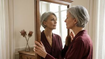 Une femme mûre élégante réfléchissant à son parcours et à ses changements physiques.
