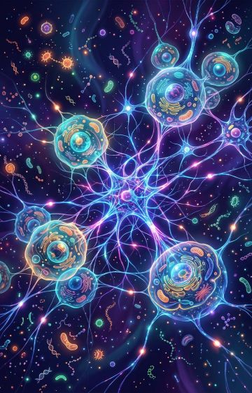 Glowing, colorful abstract representation of cellular biology and interconnected internal pathways.