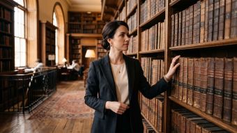 Elegant woman studying antique anatomy books in a historical medical library, illustrating the history of the wandering womb theory in women's medicine