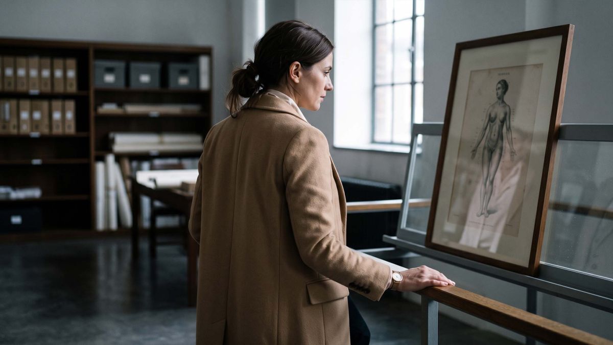 Woman in a camel coat viewing a framed nineteenth-century anatomical engraving in a museum archive, illustrating the history of how female anatomy was drawn