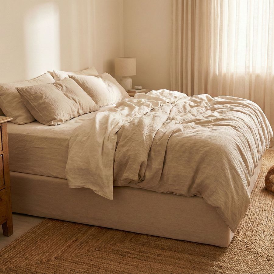 Une chambre principale minimaliste et élégante reflétant une esthétique féminine traditionnelle.