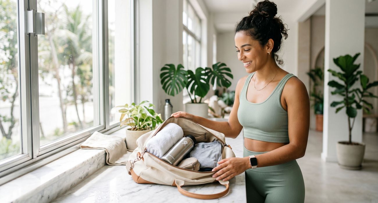 Mulher com roupa esportiva clara colocando uma bolsa de academia após o treino, luz natural