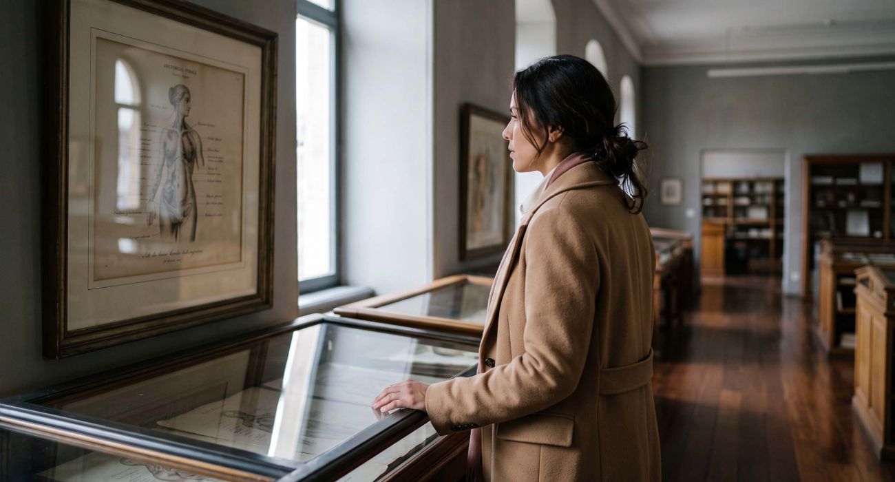 Mulher usando casaco cor de camelo observando uma gravura anatômica do século XIX emoldurada em um arquivo de museu, ilustrando a história de como a anatomia feminina era representada