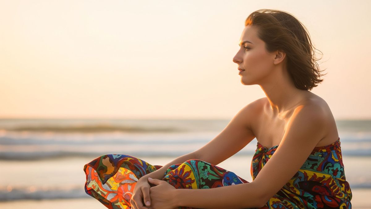 Young woman feeling self-conscious at the beach about body hair