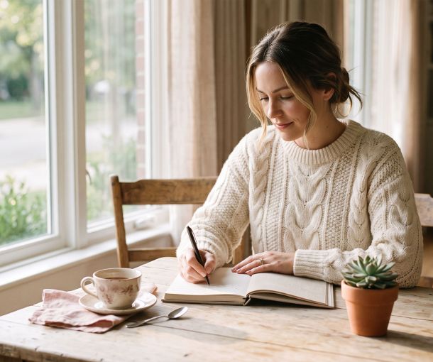 Woman journaling her menstrual cycle by a sunlit window for natural body literacy