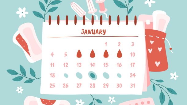 Calendrier menstruel avec dates marqu&eacute;es et d&eacute;coration f&eacute;minine