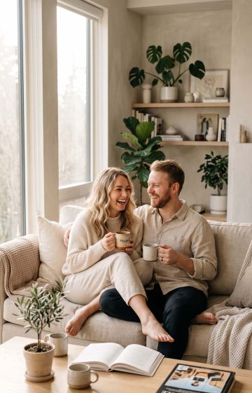A couple sharing a laugh together on a cozy couch, representing emotional connection and intimacy in long-term relationships.