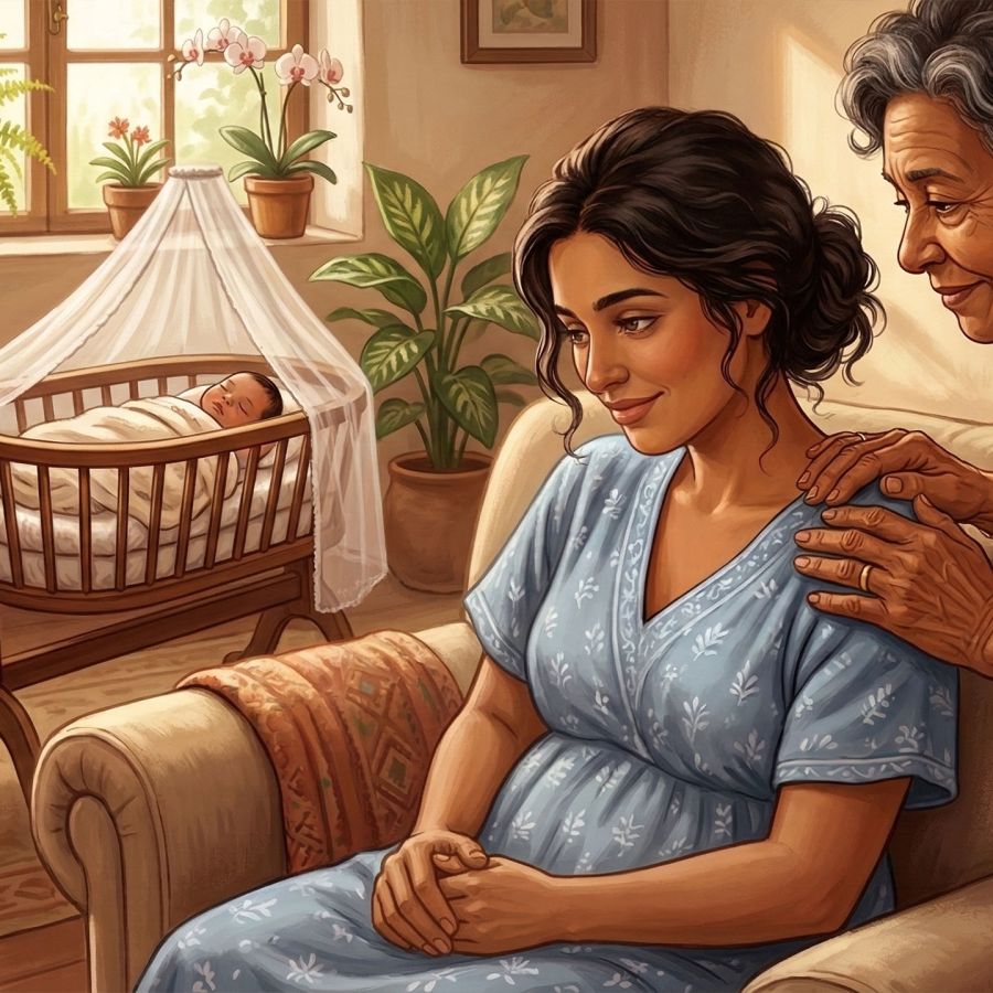 Uma avó apoiando uma nova mãe e seu bebê em um ambiente doméstico acolhedor.