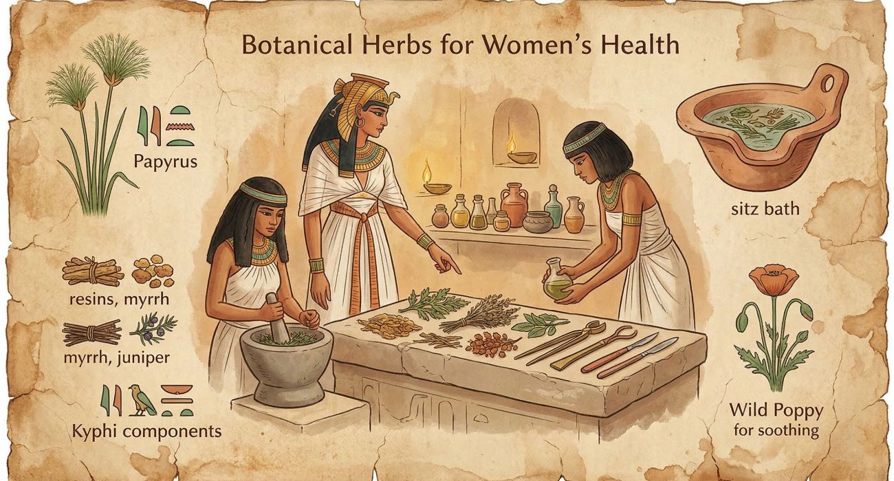 Ancient papyrus with botanical illustrations representing      early women's health treatments