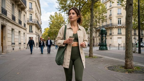Une femme élégante marche sur un trottoir urbain portant une tenue activewear vert olive et une veste beige.