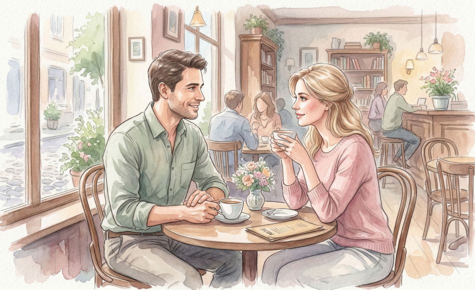 A man and woman engaging in a respectful first meeting, showcasing positive non-verbal cues.