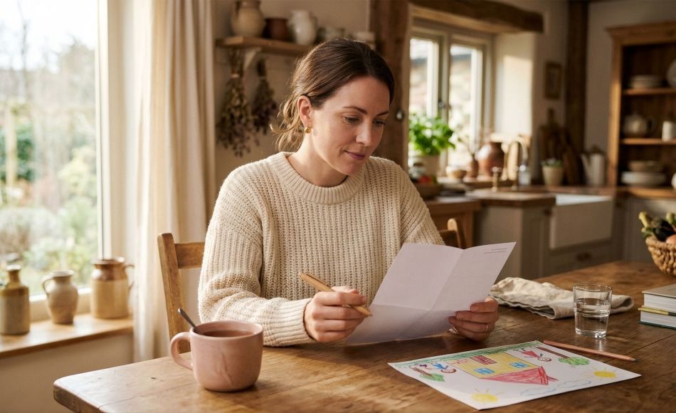Woman at a sunlit kitchen table holding a pen over a ballot, reflecting on how women form political views