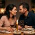 A couple sharing a warm, candlelit dinner at home, laughing and leaning toward each other in genuine connection